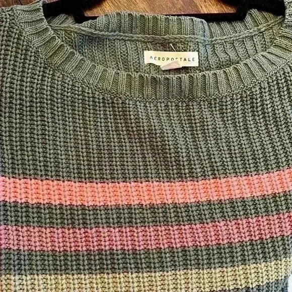 Aeropostale Cropped Chunky Sweater Green with Colorful Stripes XS - Picture 8 of 8